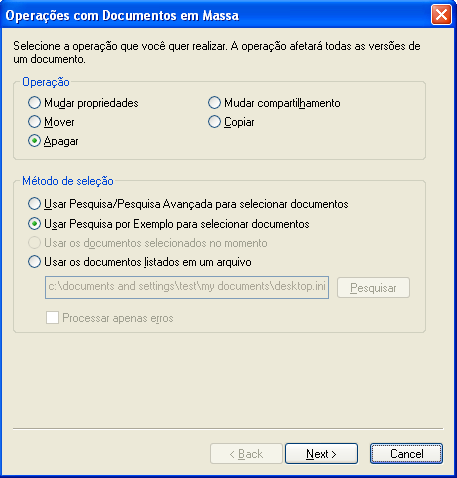 Caixa de diálogo Operações de Documentos em Massa