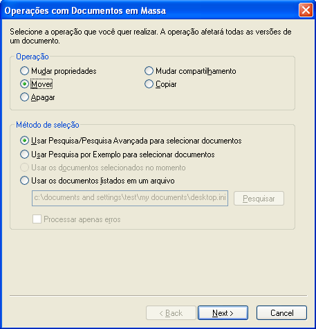 Caixa de diálogo Operações de Documentos em Massa