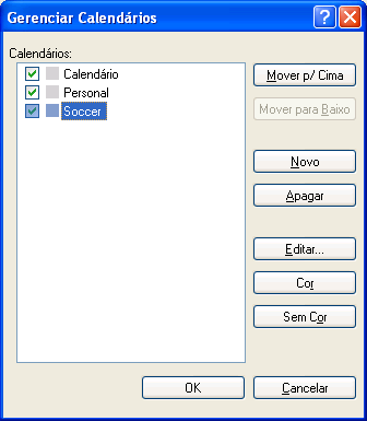 Caixa de diálogo Gerenciar Calendários 