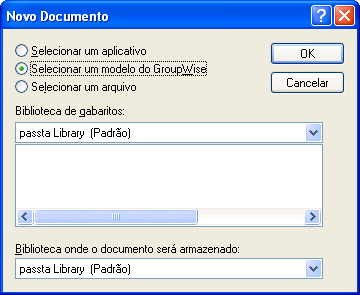 Caixa de diálogo Novo Documento com a opção Selecionar um Modelo do GroupWise habilitada
