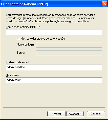 caixa de diálogo Criar Conta de Notícias (NNTP)