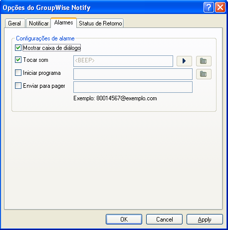 Caixa de diálogo Opções de Notificação com a guia Alarmes aberta