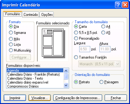 Caixa de diálogo Imprimir Calendário