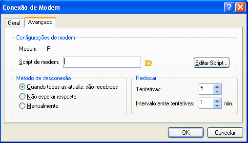 Caixa de diálogo Conexão de Modem com a guia Avançado aberta