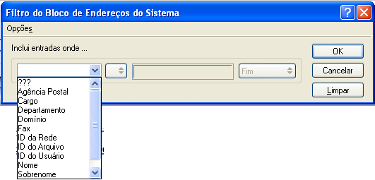 Caixa de diálogo Filtro do Bloco de Endereços do Sistema