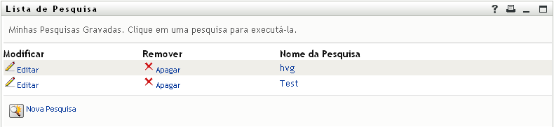 Lista de pesquisas gravadas na Página Lista de Pesquisa