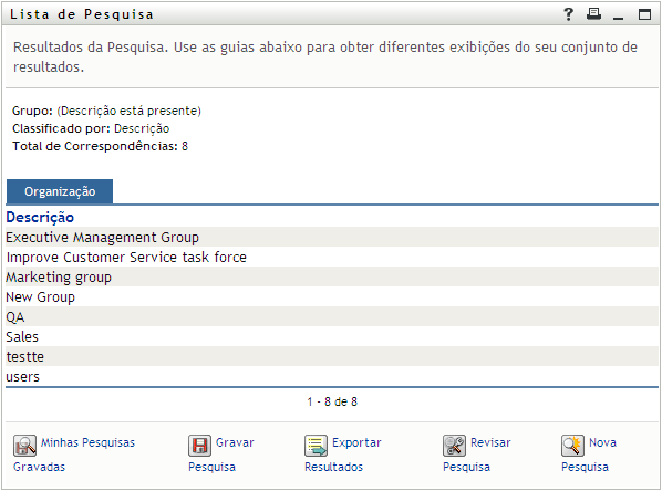 A página Lista de Pesquisa exibe os resultados da pesquisa em apenas uma guia