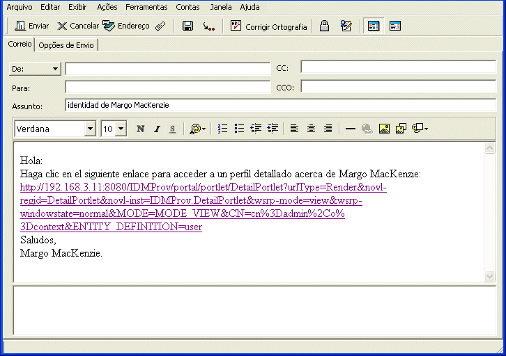 O Aplicativo de Usuário cria um rascunho de um e‑mail para você por meio de um gabarito