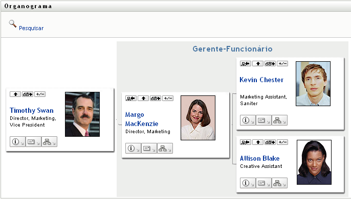 O organograma do usuário mostra um nível de gerenciamento acima do usuário