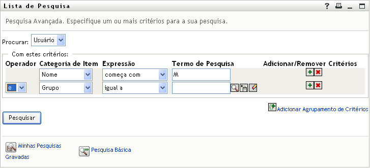 Especificando critérios de pesquisa avançada na página Lista de Pesquisa