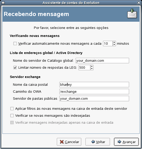 Opes de recebimento do Microsoft Exchange