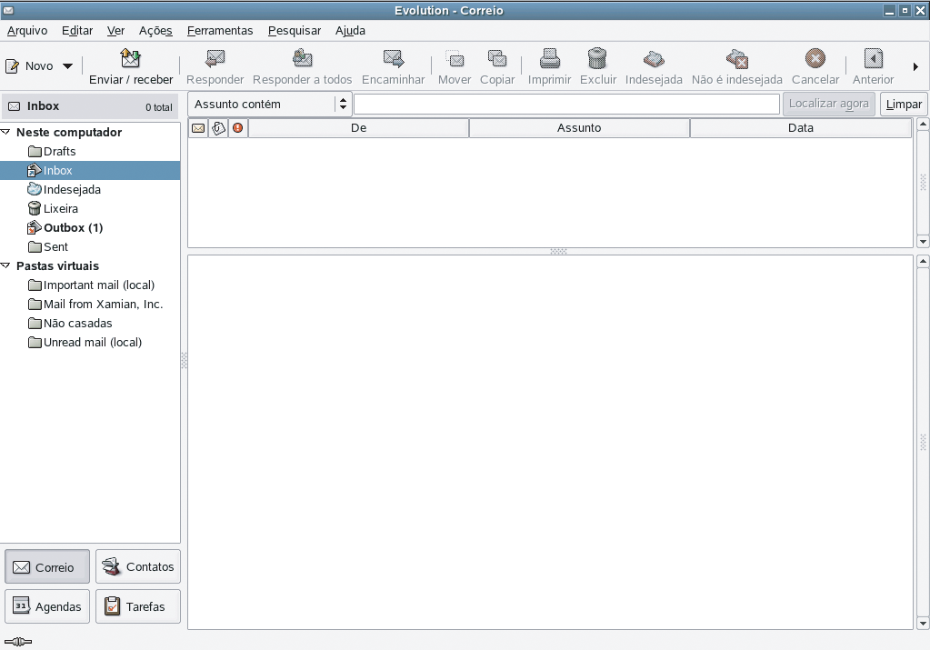 Janela principal de e-mail do Novell Evolution