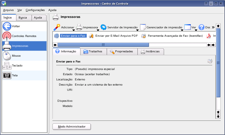 Comparando a pasta Impressoras e Aparelhos de Fax no Windows  tela Impressoras do Novell Linux Desktop