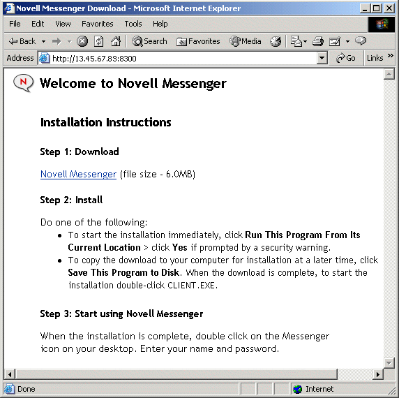 Pgina de download do cliente do Messenger para um sistema Messenger no NetWare ou no Windows