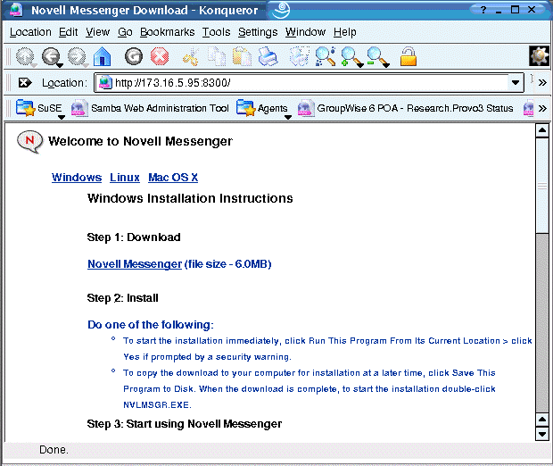 Pgina de download do cliente do Messenger para um sistema Messenger no Linux