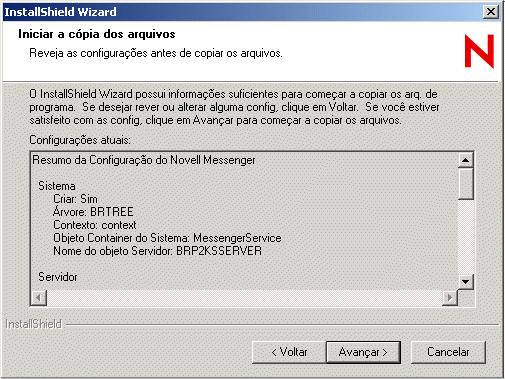 Caixa de dilogo Resumo da Instalao