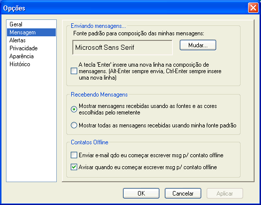 Caixa de dilogo Opes mostrando a pgina Mensagem