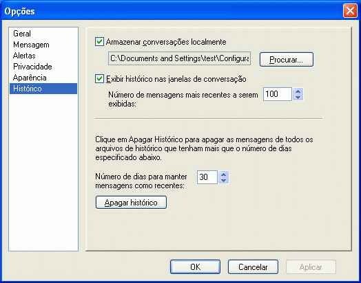 Caixa de diálogo Opções mostrando a página Histórico