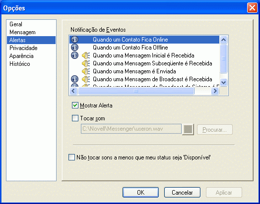 Caixa de diálogo Opções mostrando a página Alertas