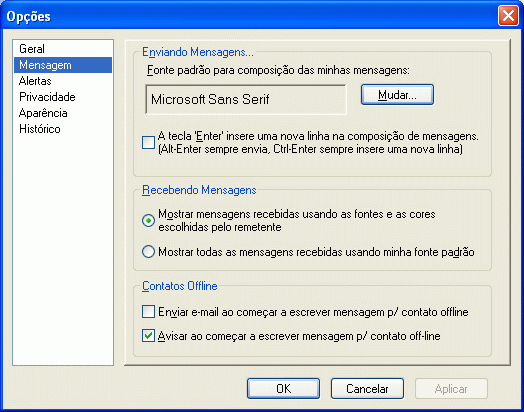 Caixa de diálogo Opções mostrando a página Mensagem