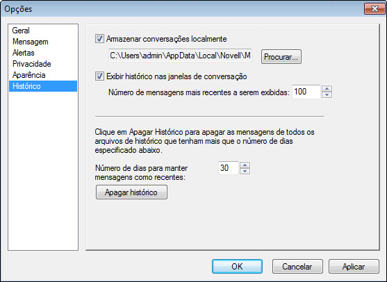 Caixa de diálogo Opções do histórico