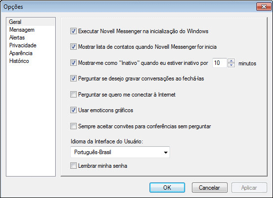 Caixa de diálogo Opções mostrando a página Geral