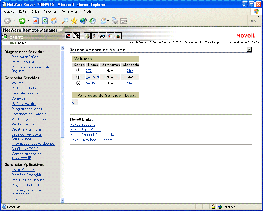 A interface do Gerenciador Remoto do NetWare.