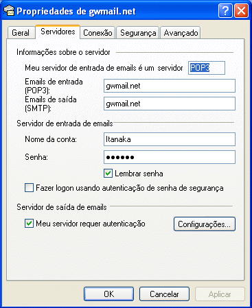 Pgina de propriedades do servidor para a conta de e-mail