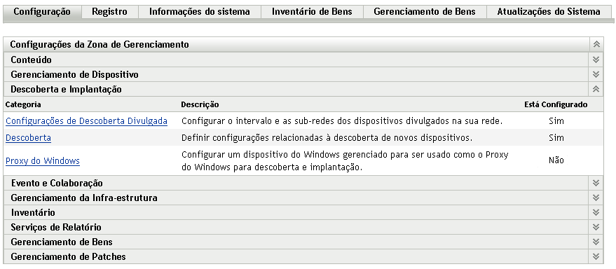 Painel Descoberta e Implantação (guia Configuração > painel Configurações da Zona de Gerenciamento)