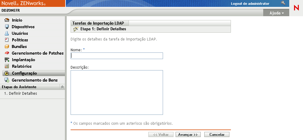 Assistente Tarefas de Importação LDAP > página Definir Detalhes