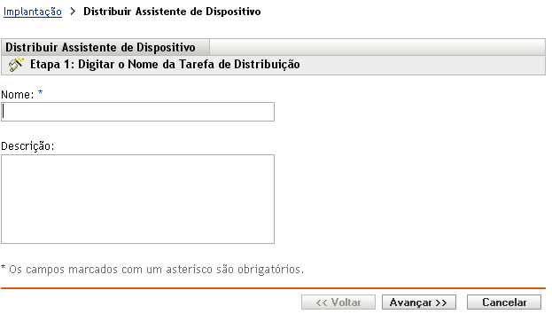 Página Digitar o Nome da Tarefa de Distribuição