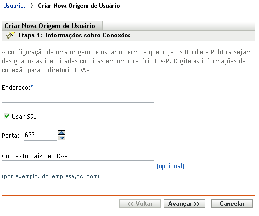 Assistente de Criação de Nova Origem de Usuário - página Informações sobre Conexões