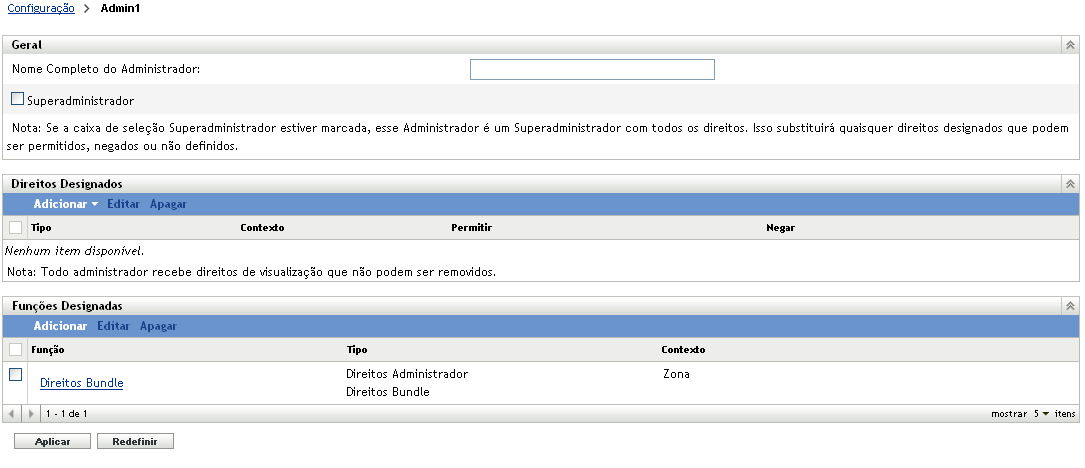 Página de configurações do administrador