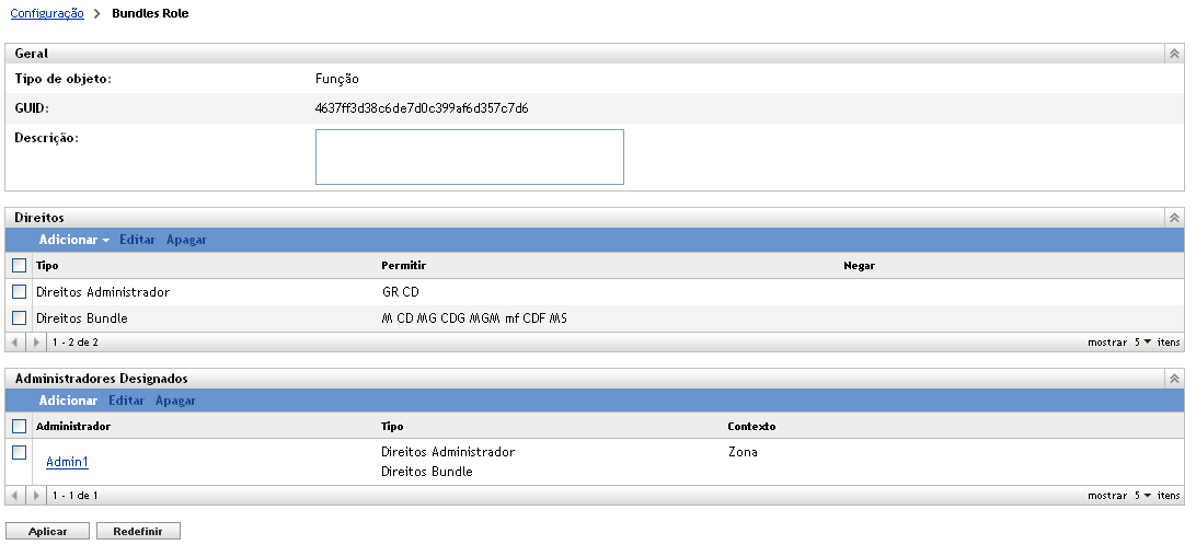 Página de configurações de função