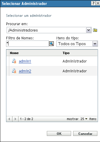 Caixa de diálogo Selecionar Administrador
