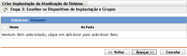 Página de assistente Escolher os Dispositivos de Implantação e Grupos