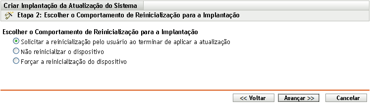 Página do assistente Escolher o Comportamento de Reinicialização para a Implantação