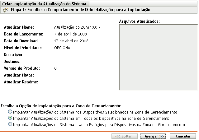 Página do assistente Escolha a Atualização do Sistema e a Opção de Implantação