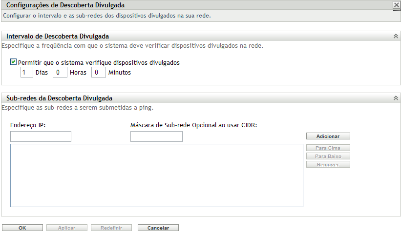 Painel Configurações de Descoberta Divulgada