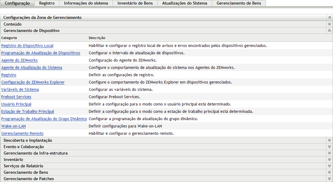 Guia Configuração > painel Configurações da Zona de Gerenciamento