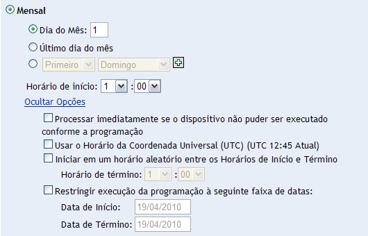 Painel com todas as opções de implantação mensais