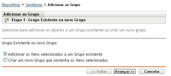 Assistente de Adição ao Grupo - página Grupo Existente ou Novo Grupo