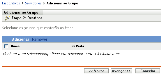 Assistente de Adição ao Grupo - página Destinos