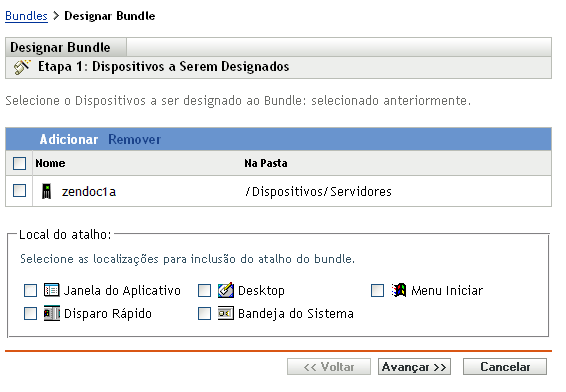 Assistente de Designação de Bundle - página Dispositivos a Serem Designados