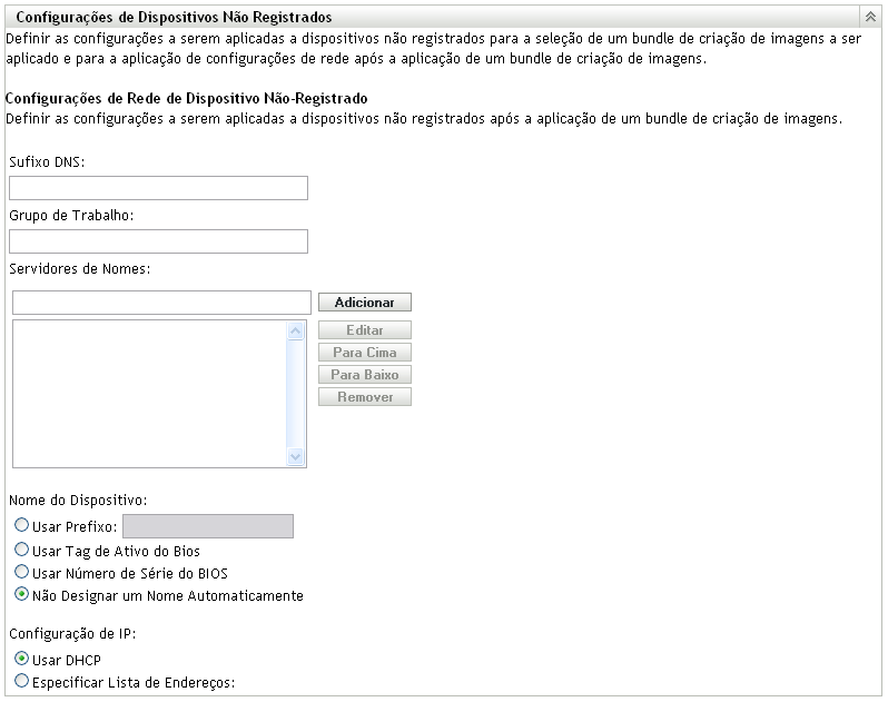 Painel Configurações de Dispositivos Não Registrados