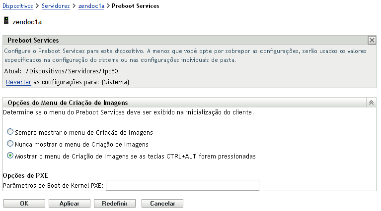 Opções do Menu de Criação de Imagens no nível de Configurações de Dispositivos
