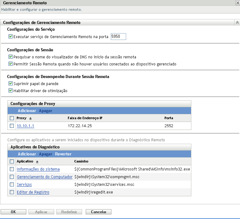 Página Configuração de Gerenciamento Remoto