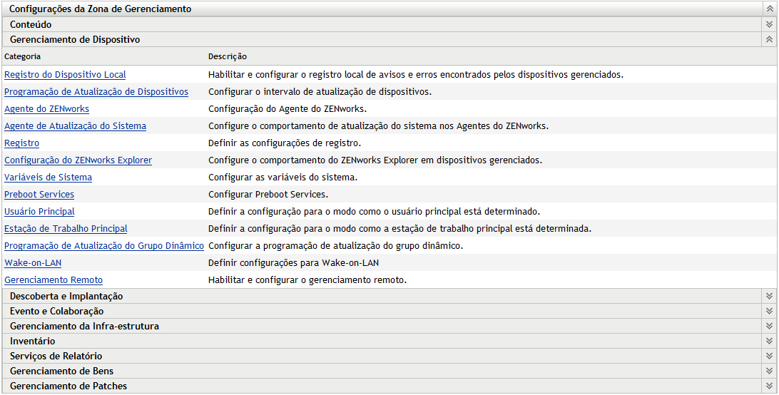 Painel Configuração da Zona de Gerenciamento