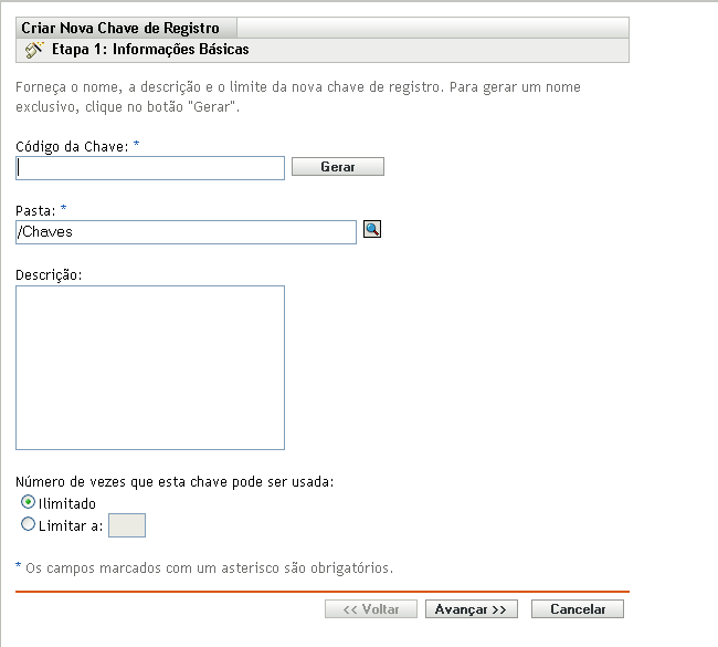 Assistente de Criação de Nova Chave de Registro - página Informações Básicas