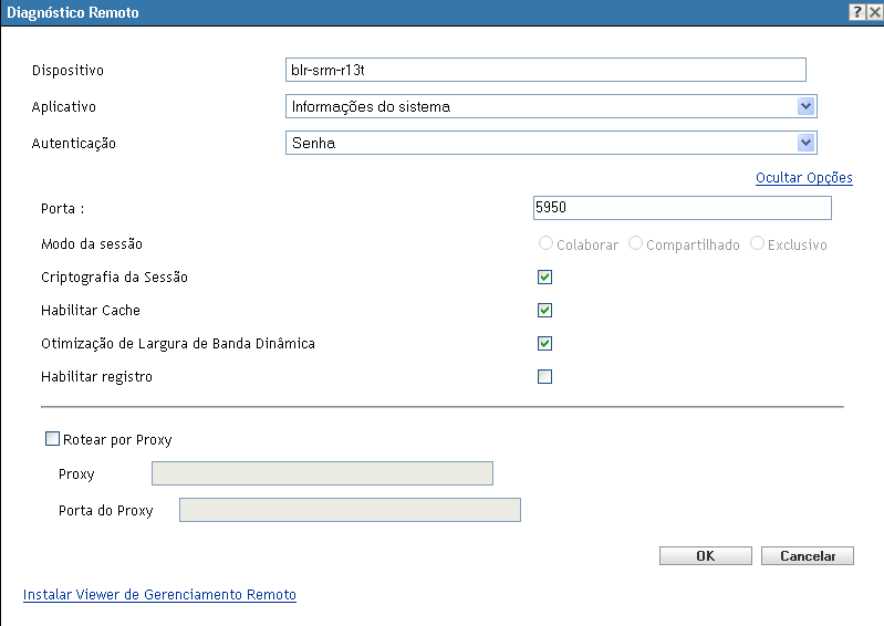Caixa de diálogo Diagnósticos Remotos